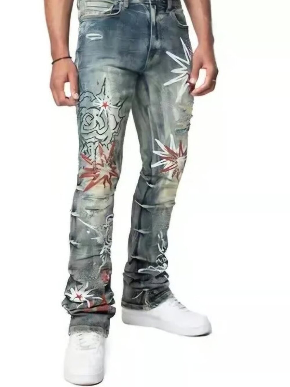 Smoke Rise Men's STK Flower Explosive Denim Stack Jeans Distressed Streetwear 32